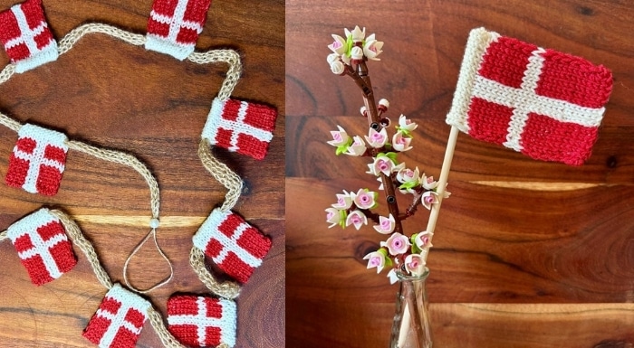 Strikket flag og strikkede flag Strikket Dannebrogsflag og flaguirlande