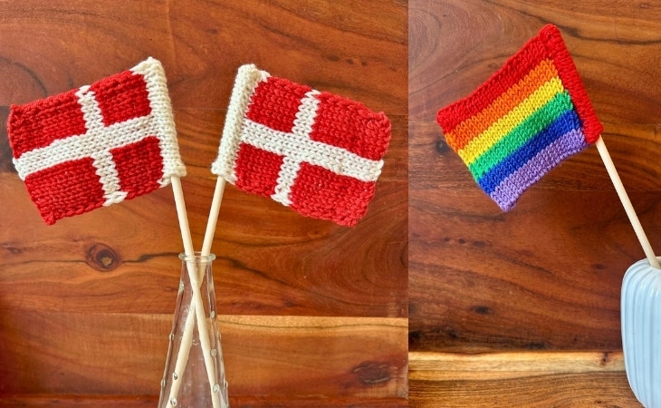 Strikket Dannebrog og strikket Pride-flag